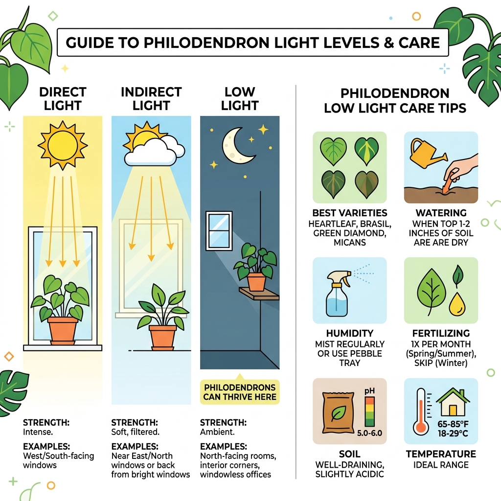 Infographic showing direct vs indirect vs low light levels for houseplants with philodendron care tips - philodendron low Infographic showing direct vs indirect vs low light levels for houseplants with philodendron care tips - philodendron low
