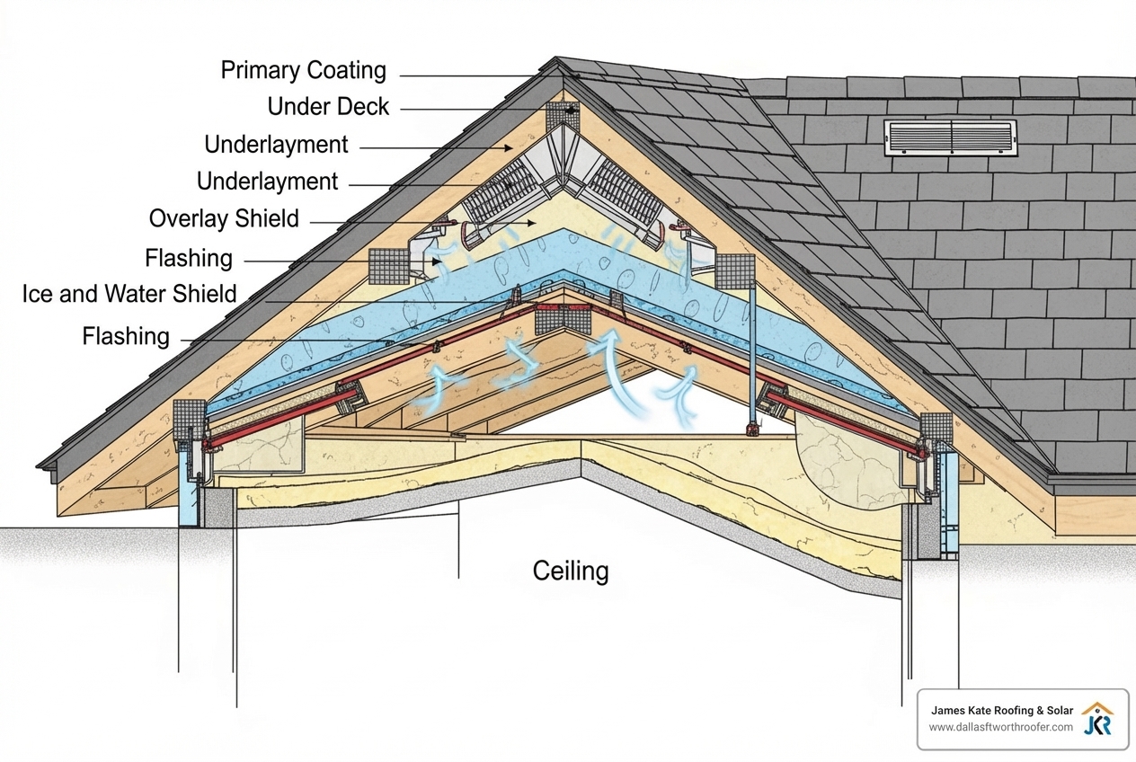 A detailed cross-section diagram of a roof showing all layers from the attic up: ceiling, insulation, roof deck, underlayment, ice and water shield, flashing, primary roof covering (shingles/panels), and ventilation systems - integrated roofing systems A detailed cross-section diagram of a roof showing all layers from the attic up: ceiling, insulation, roof deck, underlayment, ice and water shield, flashing, primary roof covering (shingles/panels), and ventilation systems - integrated roofing systems