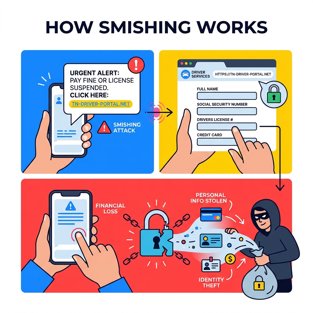 How smishing works: fake text, fake link, stolen data infographic - Tennessee DMV scam text infographic How smishing works: fake text, fake link, stolen data infographic - Tennessee DMV scam text infographic