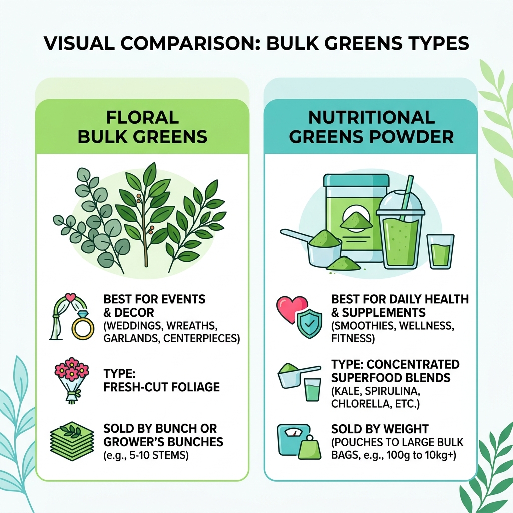 Floral bulk greens vs nutritional superfood greens powder comparison infographic - bulk greens infographic 