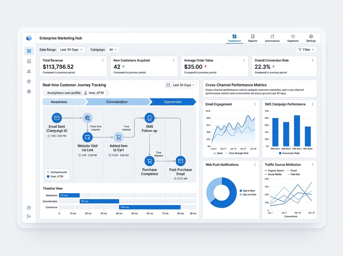 Data analytics interface showing real-time customer journey tracking and cross-channel performance - best email marketing