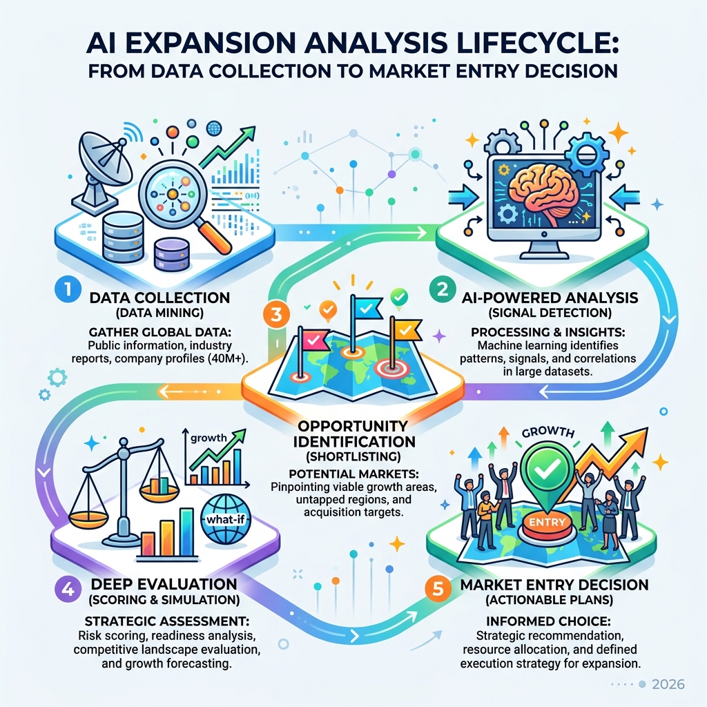 AI expansion analysis lifecycle: from data collection to market entry decision - ai powered expansion analysis infographic 