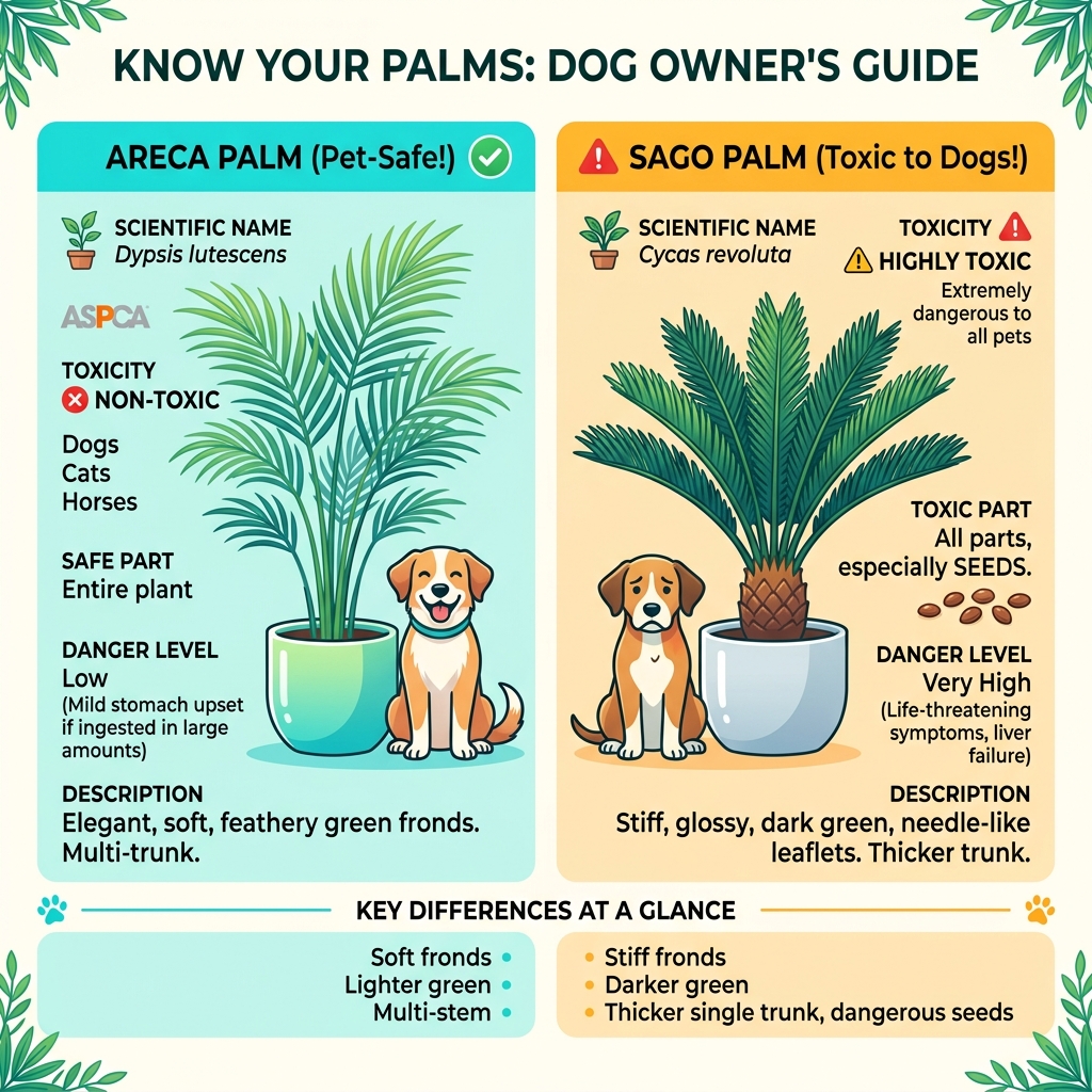 Pet-safe areca palm vs toxic sago palm comparison infographic for dog owners - areca palm toxic to dogs infographic 