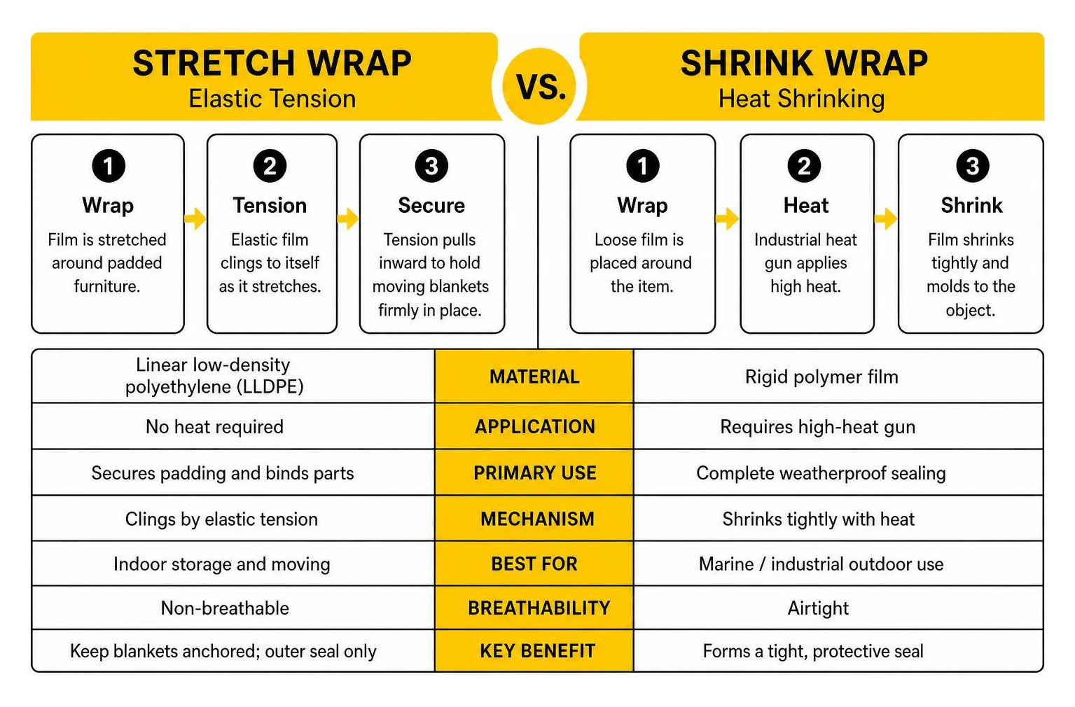 Diagram comparing stretch wrap elastic tension versus shrink wrap heat shrinking Diagram comparing stretch wrap elastic tension versus shrink wrap heat shrinking