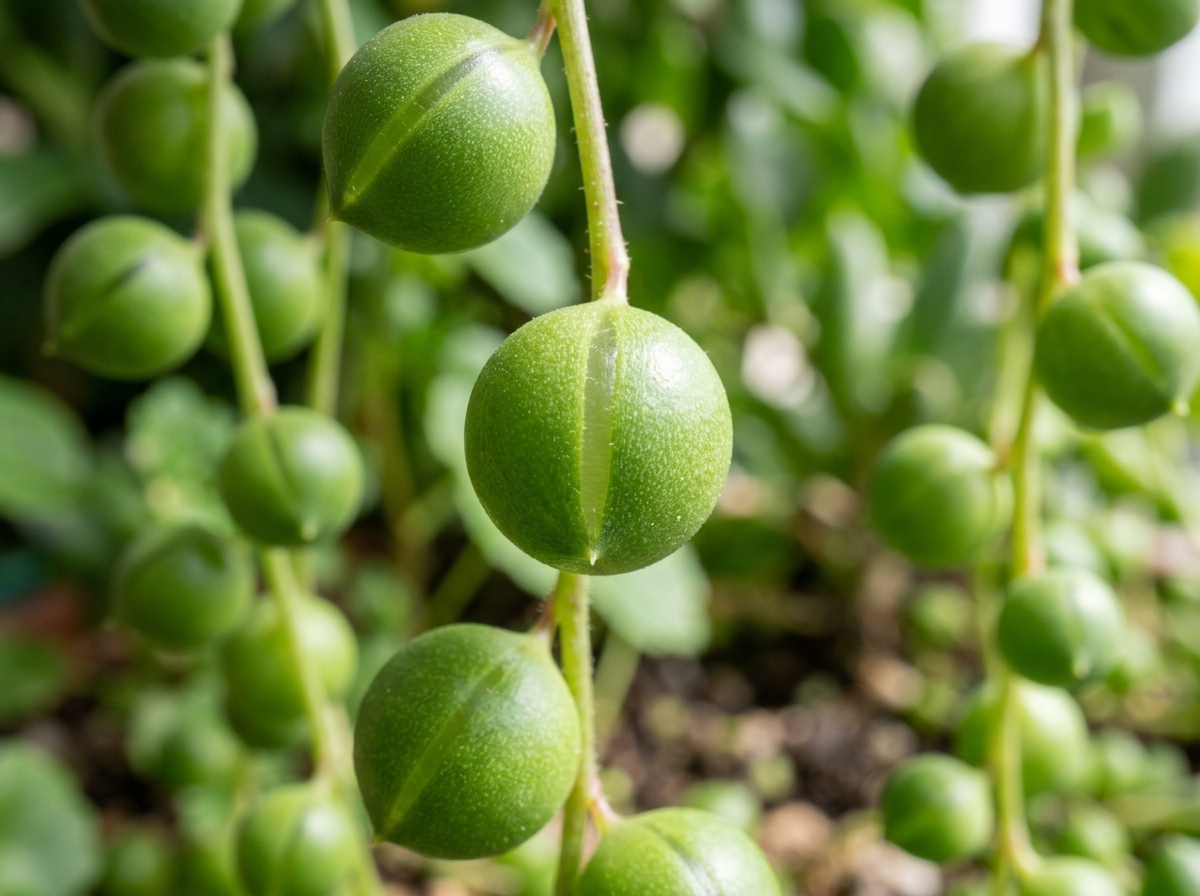 String of pearls showing the translucent epidermal window on the bead-like leaves - string of pearls care String of pearls showing the translucent epidermal window on the bead-like leaves - string of pearls care