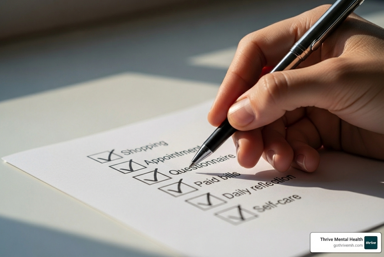 a checklist with common OCD symptoms and a checkmark next to some of them - obsessive thoughts