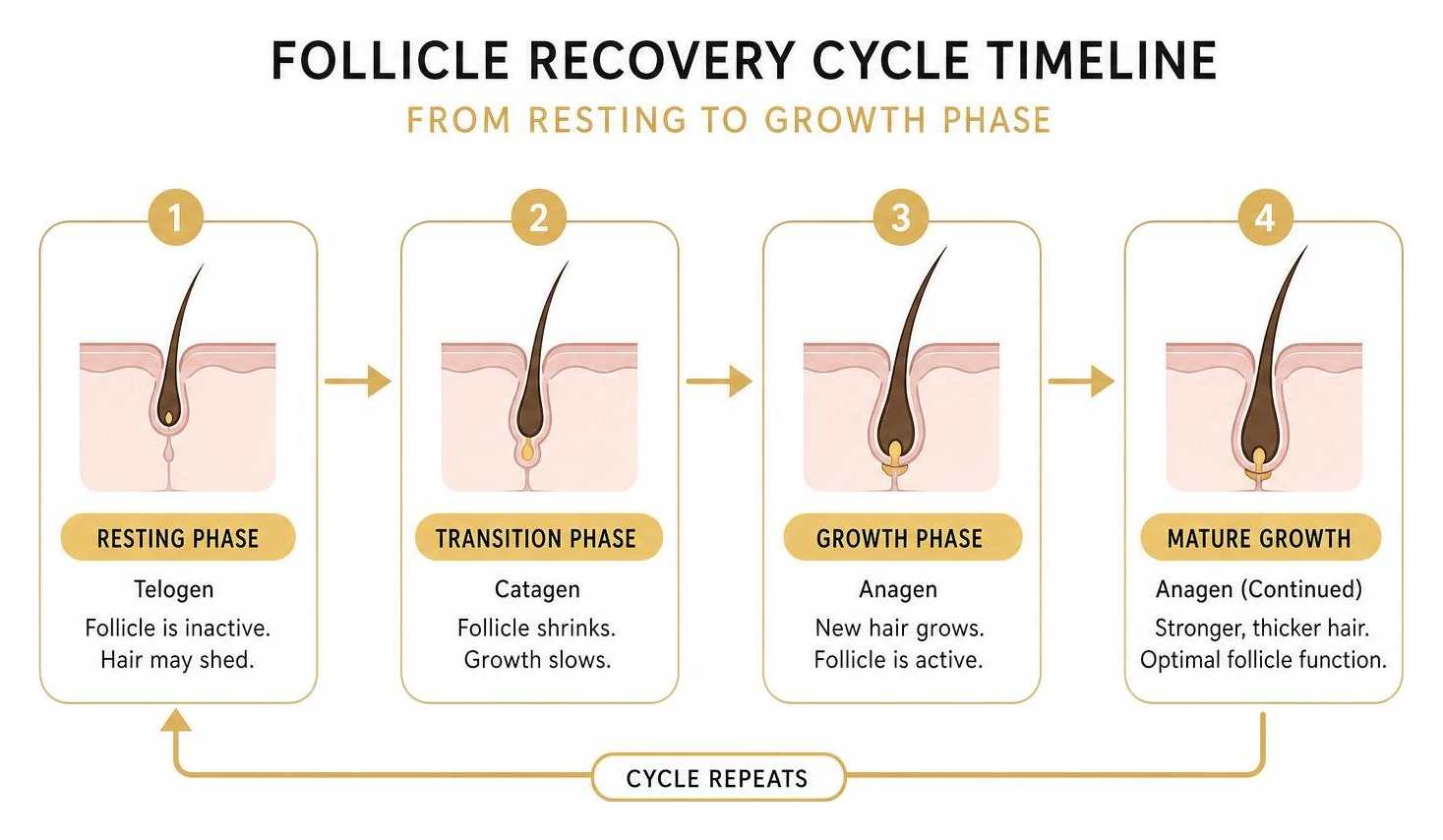 Follicle recovery cycle timeline from resting to growth phase Follicle recovery cycle timeline from resting to growth phase
