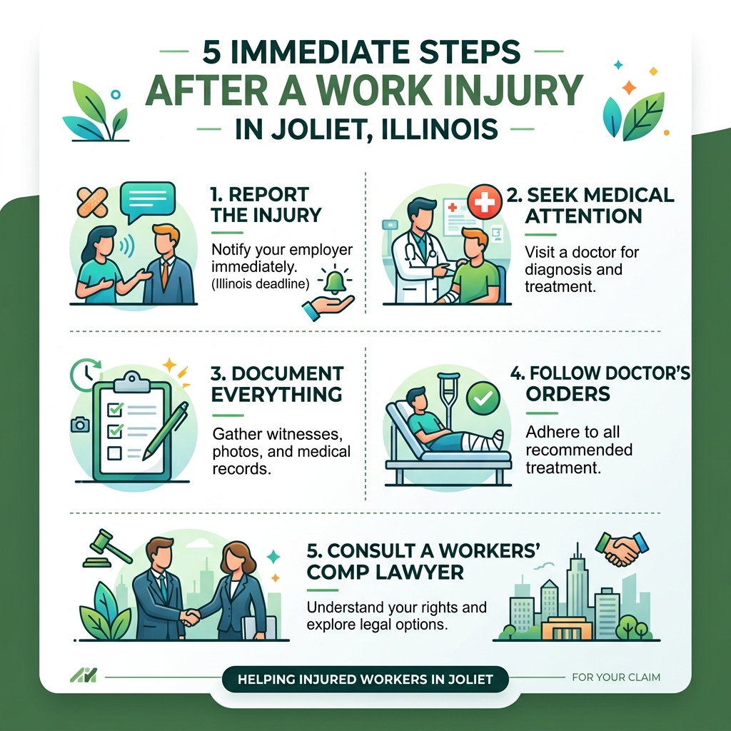 5 immediate steps after a work injury in Joliet Illinois infographic - joliet workers compensation lawyers infographic 5 immediate steps after a work injury in Joliet Illinois infographic - joliet workers compensation lawyers infographic