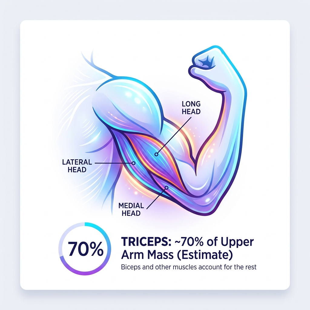 tricep anatomy showing three heads - long, lateral, and medial with arm mass percentages - intense tricep workout at home