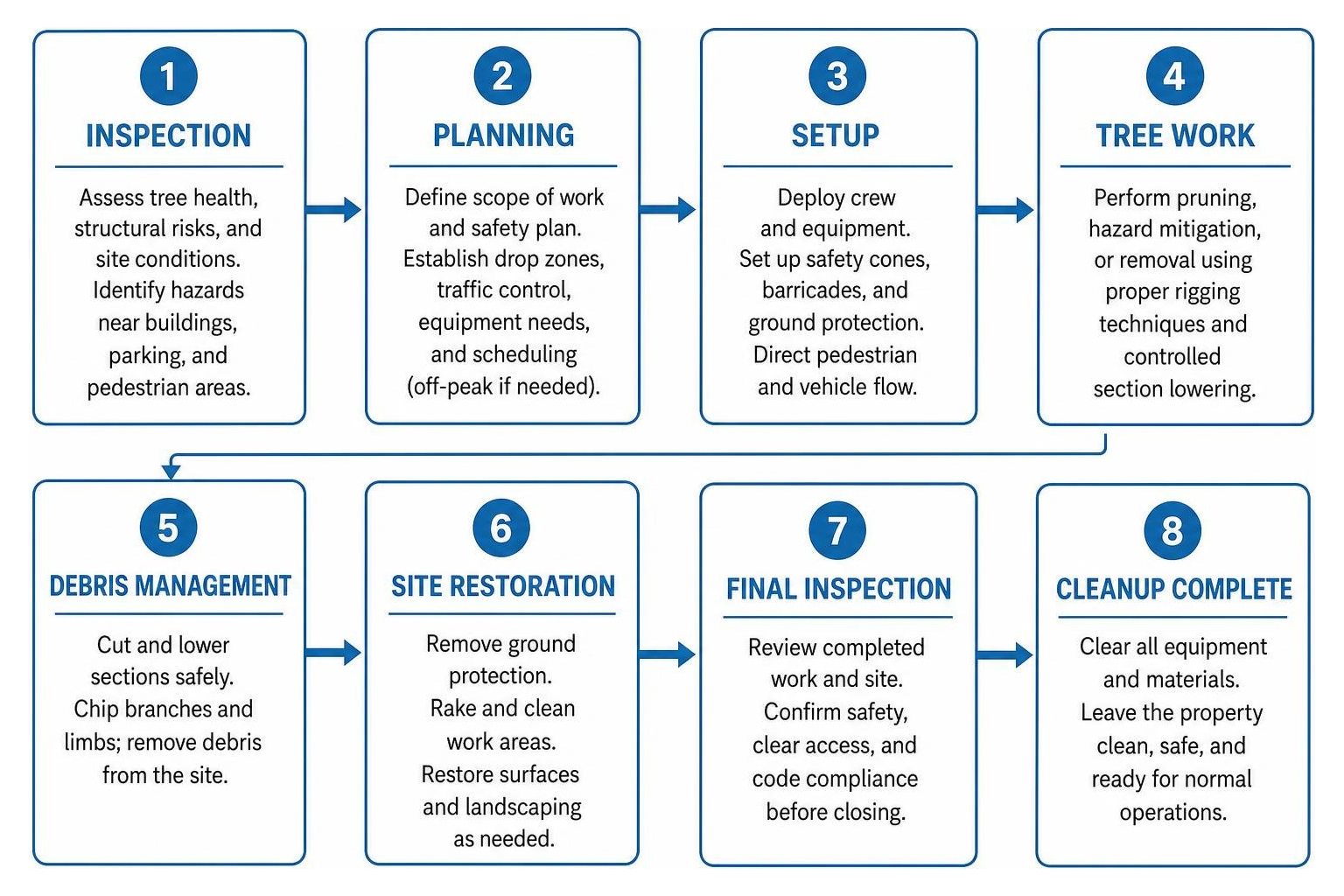 Workflow diagram of commercial tree management from inspection to cleanup Workflow diagram of commercial tree management from inspection to cleanup