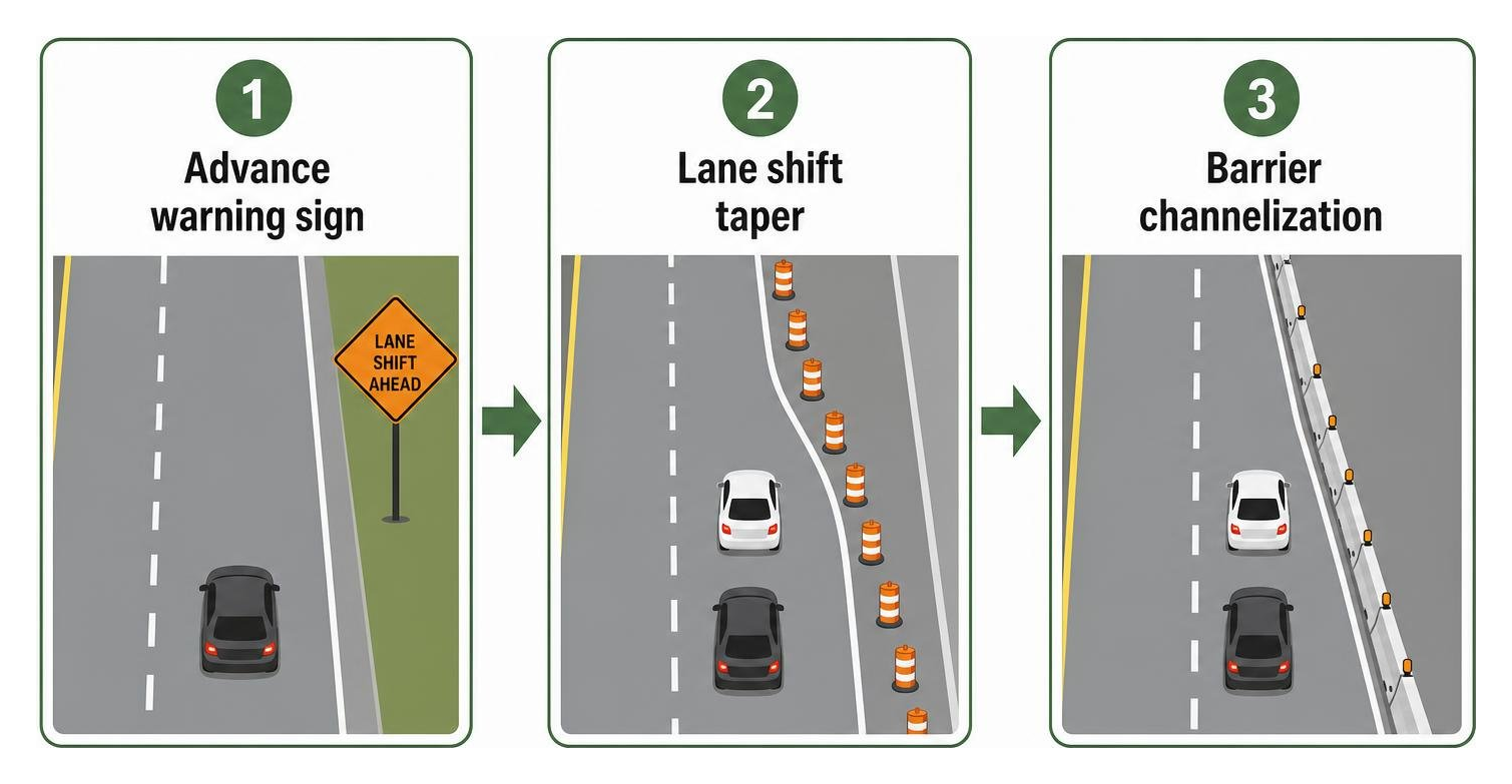 Step 1 Advance warning sign to Step 2 Lane shift taper to Step 3 Barrier channelization Step 1 Advance warning sign to Step 2 Lane shift taper to Step 3 Barrier channelization