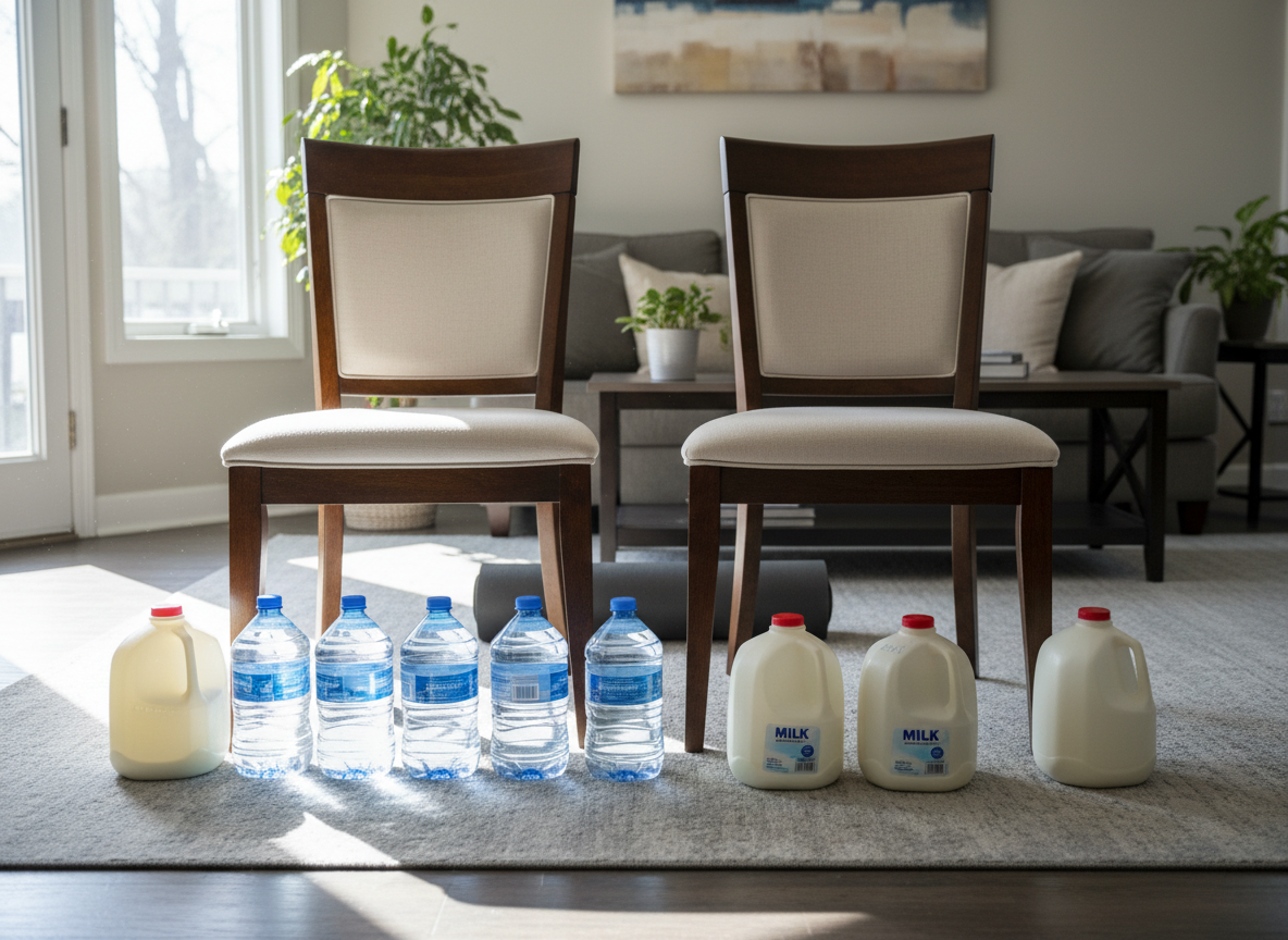 Common household items like chairs and water bottles used for chest exercises - at home workout to build chest