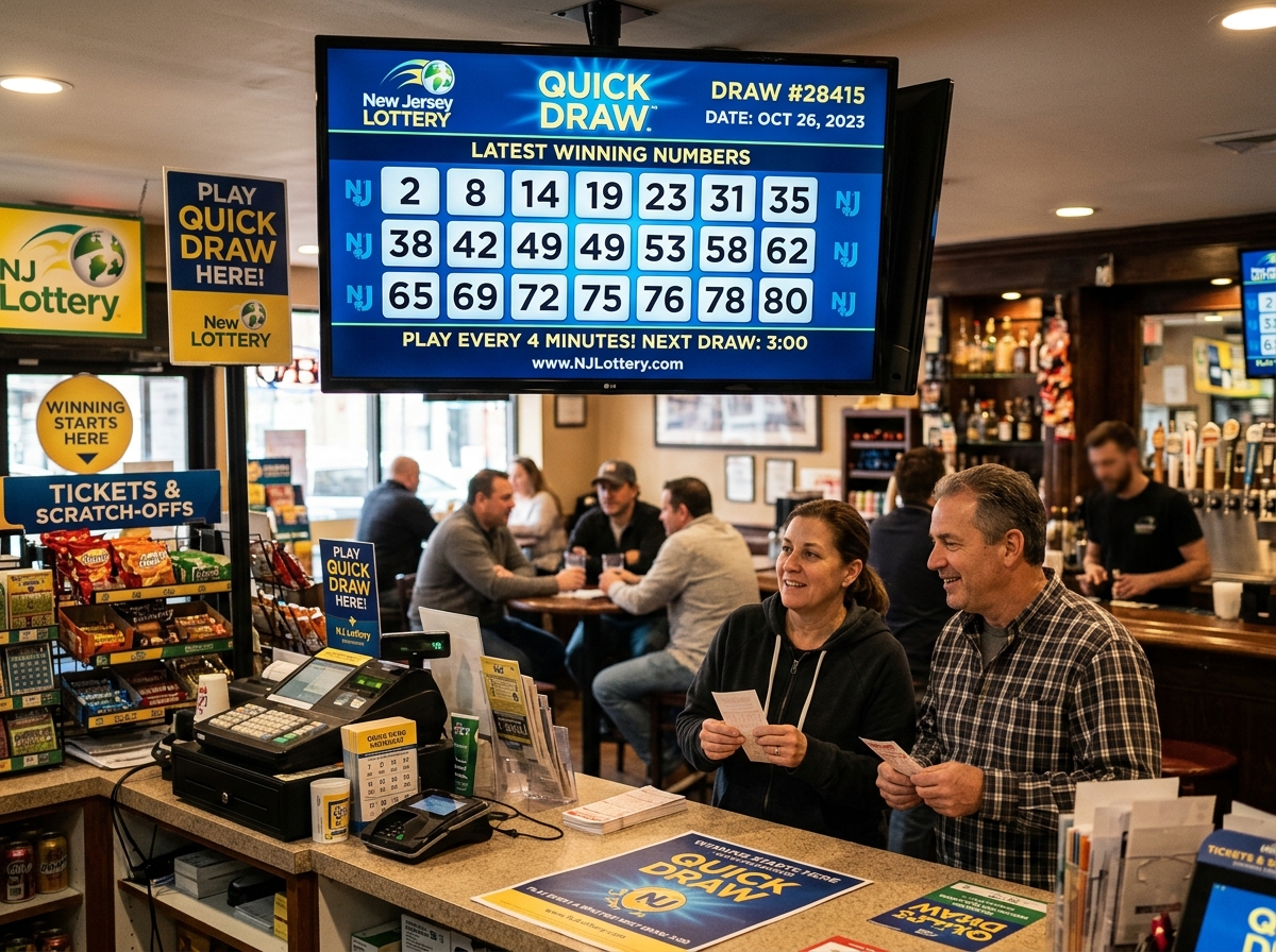 A digital monitor in a retail location displaying the latest Quick Draw winning numbers - New Jersey quick draw results