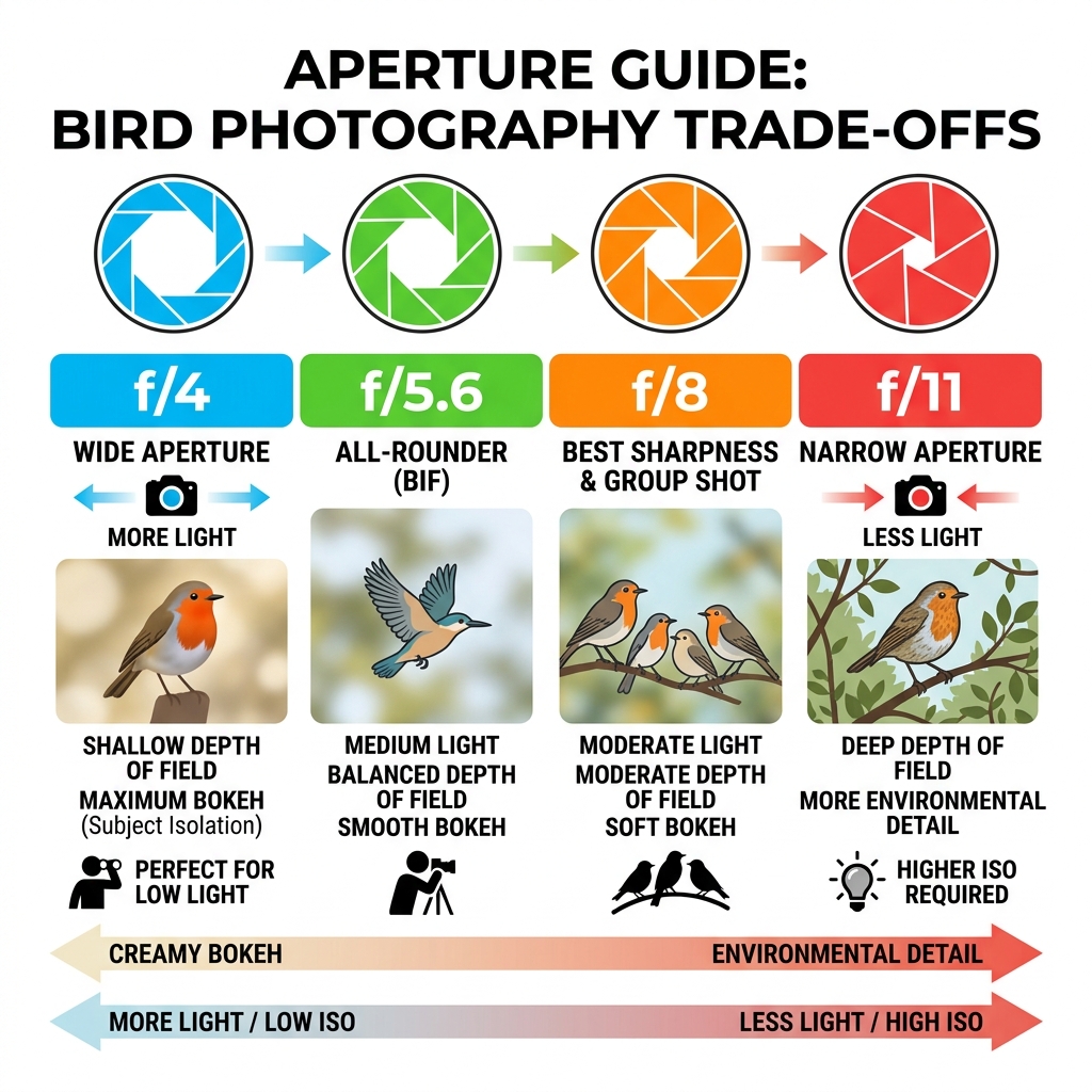 Infographic showing aperture values f/4 to f/11 with depth of field, bokeh, and light trade-offs for bird photography - best Infographic showing aperture values f/4 to f/11 with depth of field, bokeh, and light trade-offs for bird photography - best