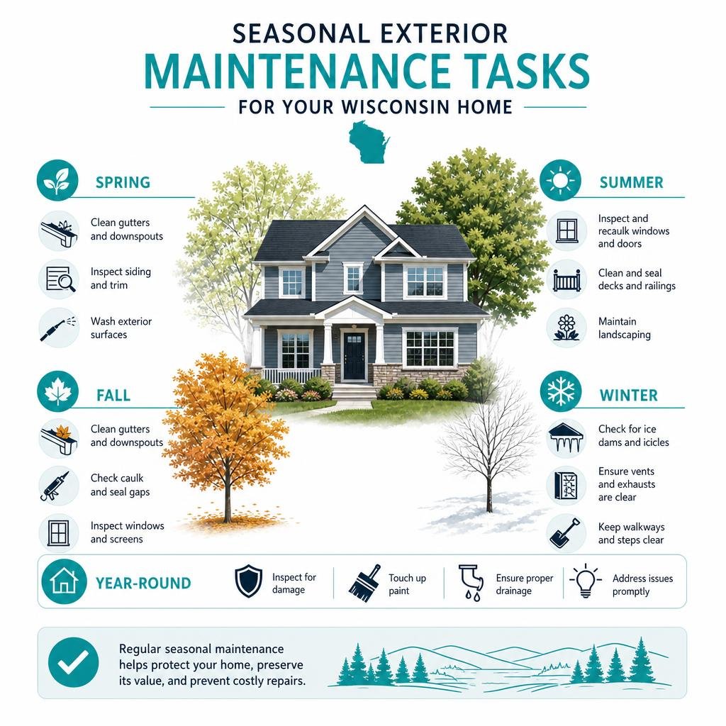 Essential Exterior Maintenance: Roofing and Gutter Care 1 Infographic explaining seasonal exterior maintenance tasks for a Wisconsin home infographic