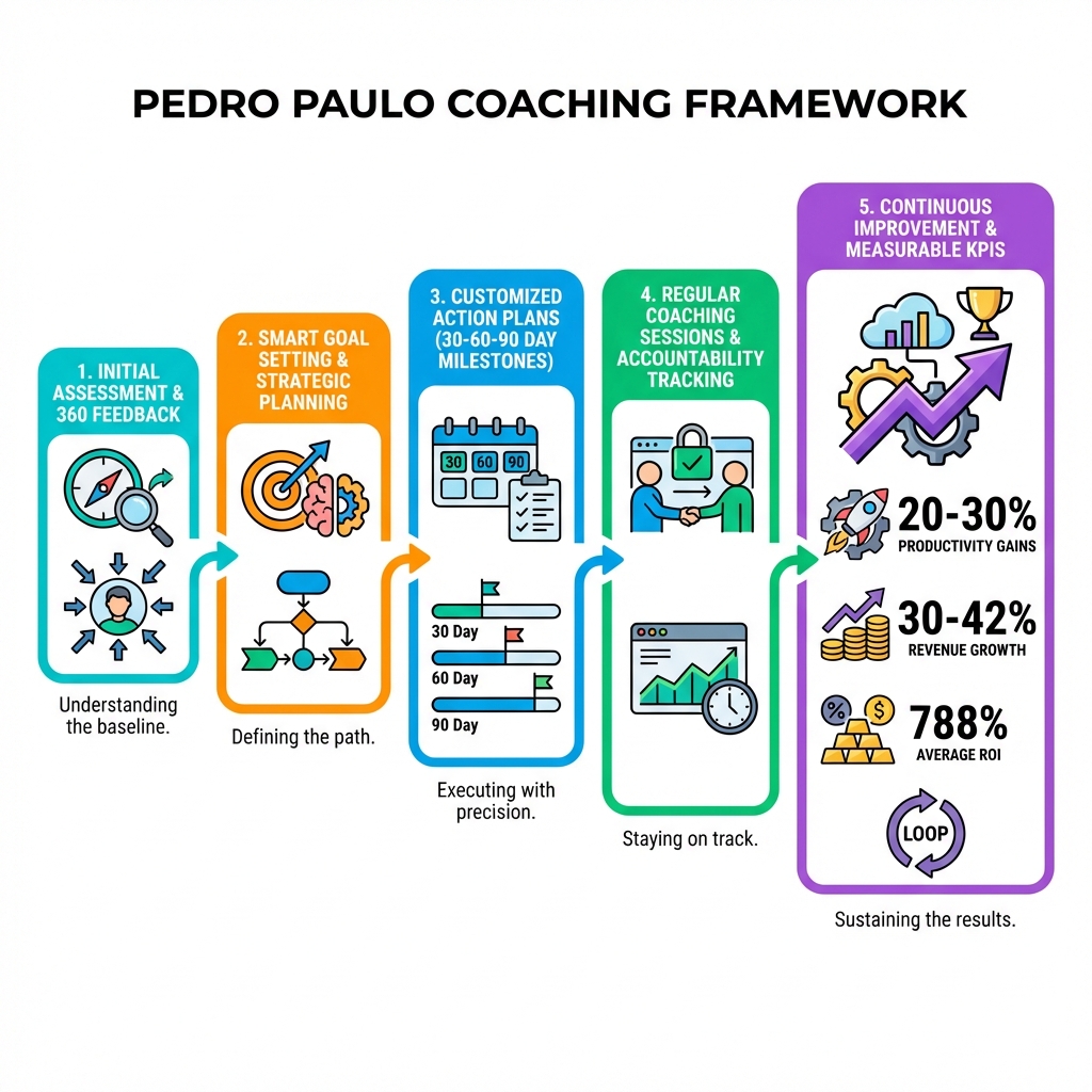 infographic showing Pedro Paulo Coaching framework with five key pillars: Initial Assessment and 360 Feedback, SMART Goal Setting and Strategic Planning, Customized Action Plans with 30-60-90 Day Milestones, Regular Coaching Sessions with Accountability Tracking, and Continuous Improvement with Measurable KPIs including productivity gains of 20-30 percent, revenue growth of 30-42 percent, and average ROI of 788 percent - pedro paulo coaching infographic infographic showing Pedro Paulo Coaching framework with five key pillars: Initial Assessment and 360 Feedback, SMART Goal Setting and Strategic Planning, Customized Action Plans with 30-60-90 Day Milestones, Regular Coaching Sessions with Accountability Tracking, and Continuous Improvement with Measurable KPIs including productivity gains of 20-30 percent, revenue growth of 30-42 percent, and average ROI of 788 percent - pedro paulo coaching infographic