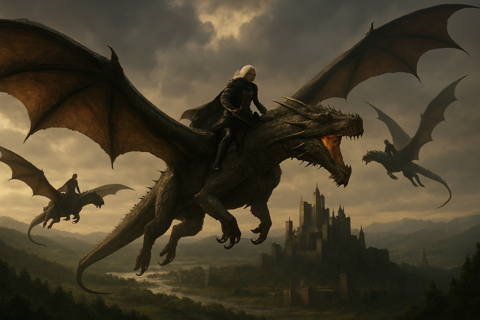 House of the Dragon dragons in flight with Targaryen riders - popular streaming tv series House of the Dragon dragons in flight with Targaryen riders - popular streaming tv series