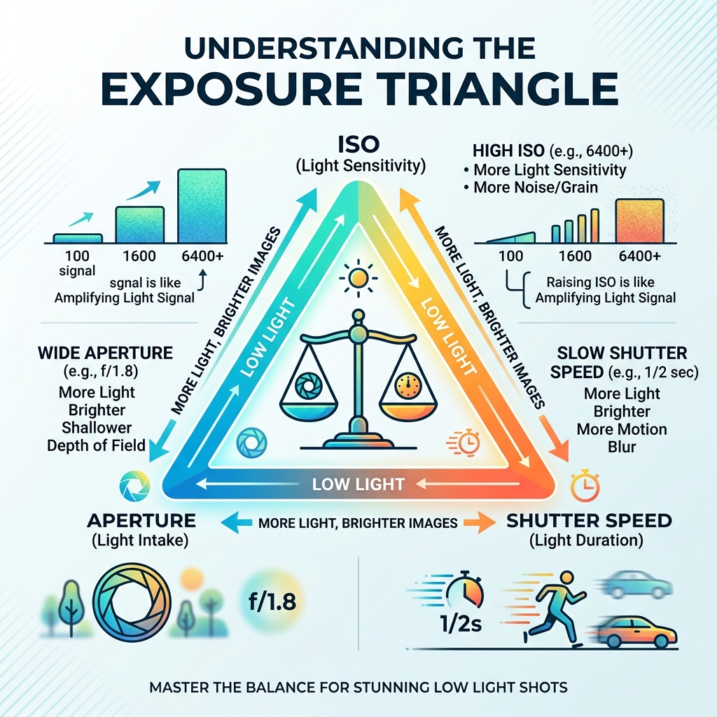Infographic showing ISO, Aperture, and Shutter Speed relationship in the exposure triangle - iso for low light photography