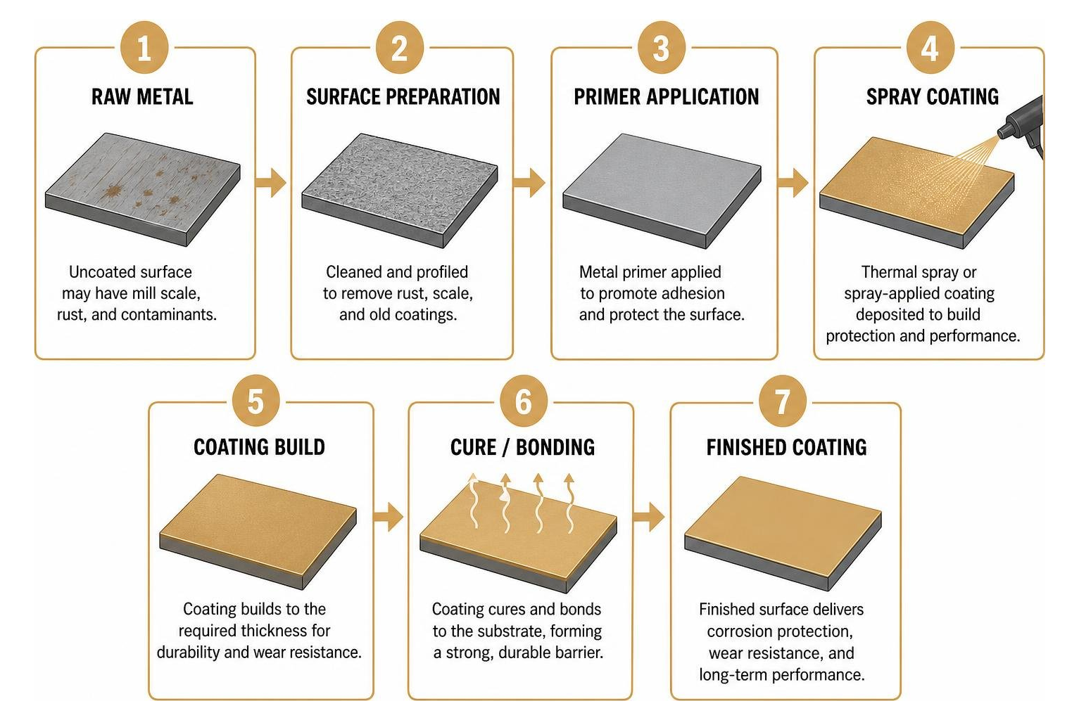 Step-by-step surface transformation sequence from raw metal to finished coating