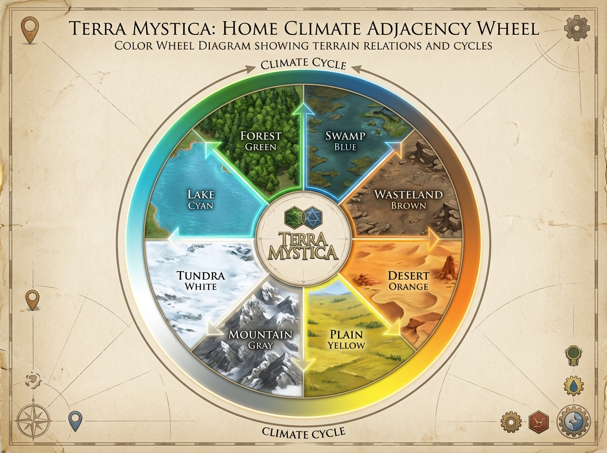 Terra Mystica terrain color wheel showing relationships between home climates - terra mystica strategy guide