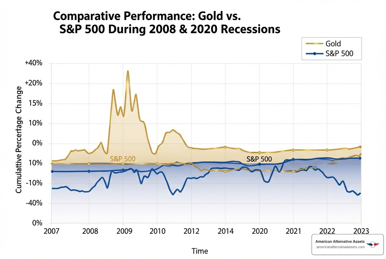 chart showing physical gold's performance vs. the S&P 500 during the 2008 and 2020 recessions - Diversify with gold chart showing physical gold's performance vs. the S&P 500 during the 2008 and 2020 recessions - Diversify with gold