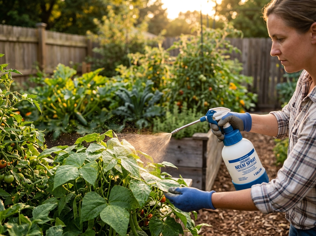 Applying neem oil to vegetable leaves in the late evening sun - natural pesticides for vegetables