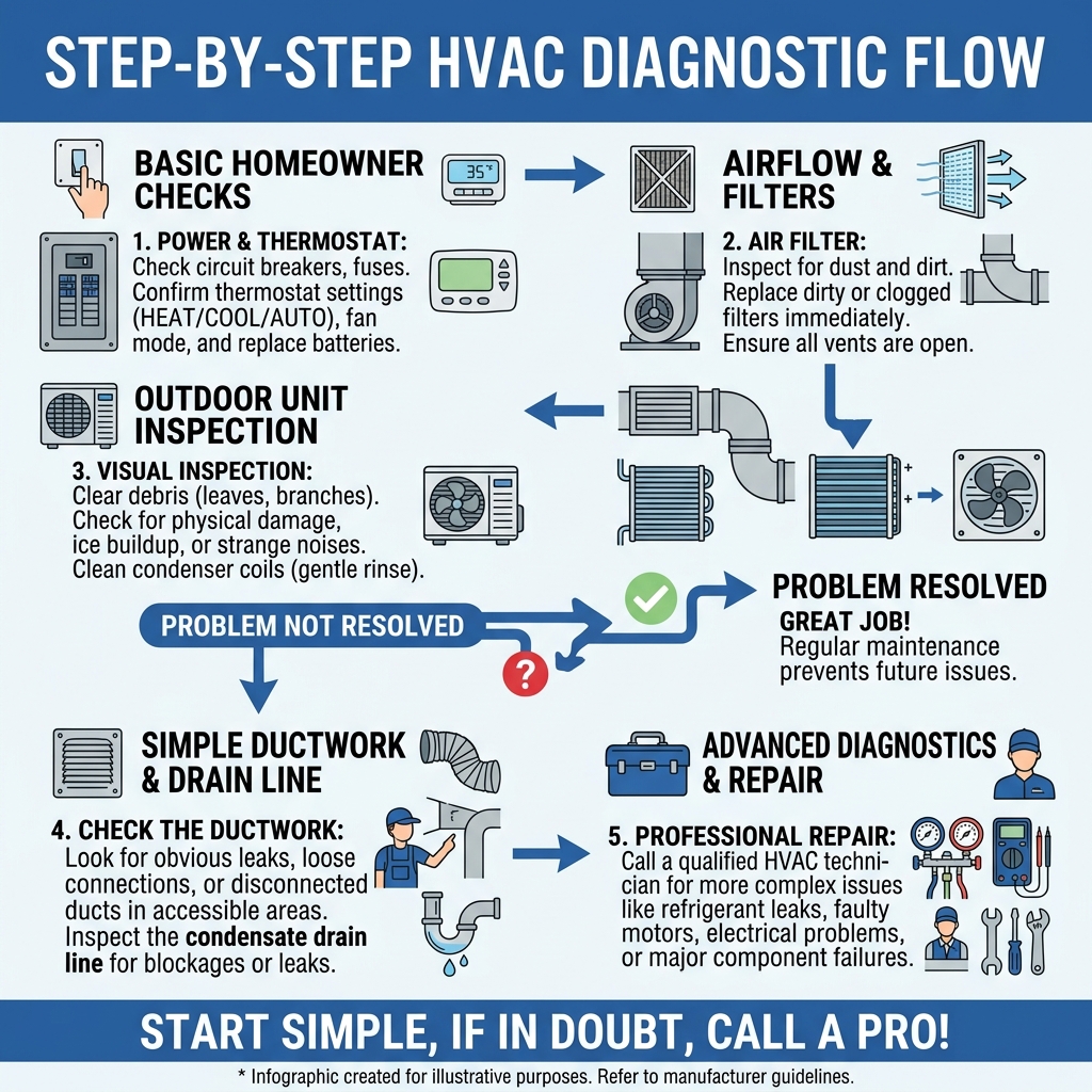 Step-by-step HVAC diagnostic flow infographic from basic checks to professional repair - HVAC Troubleshooting Questions
