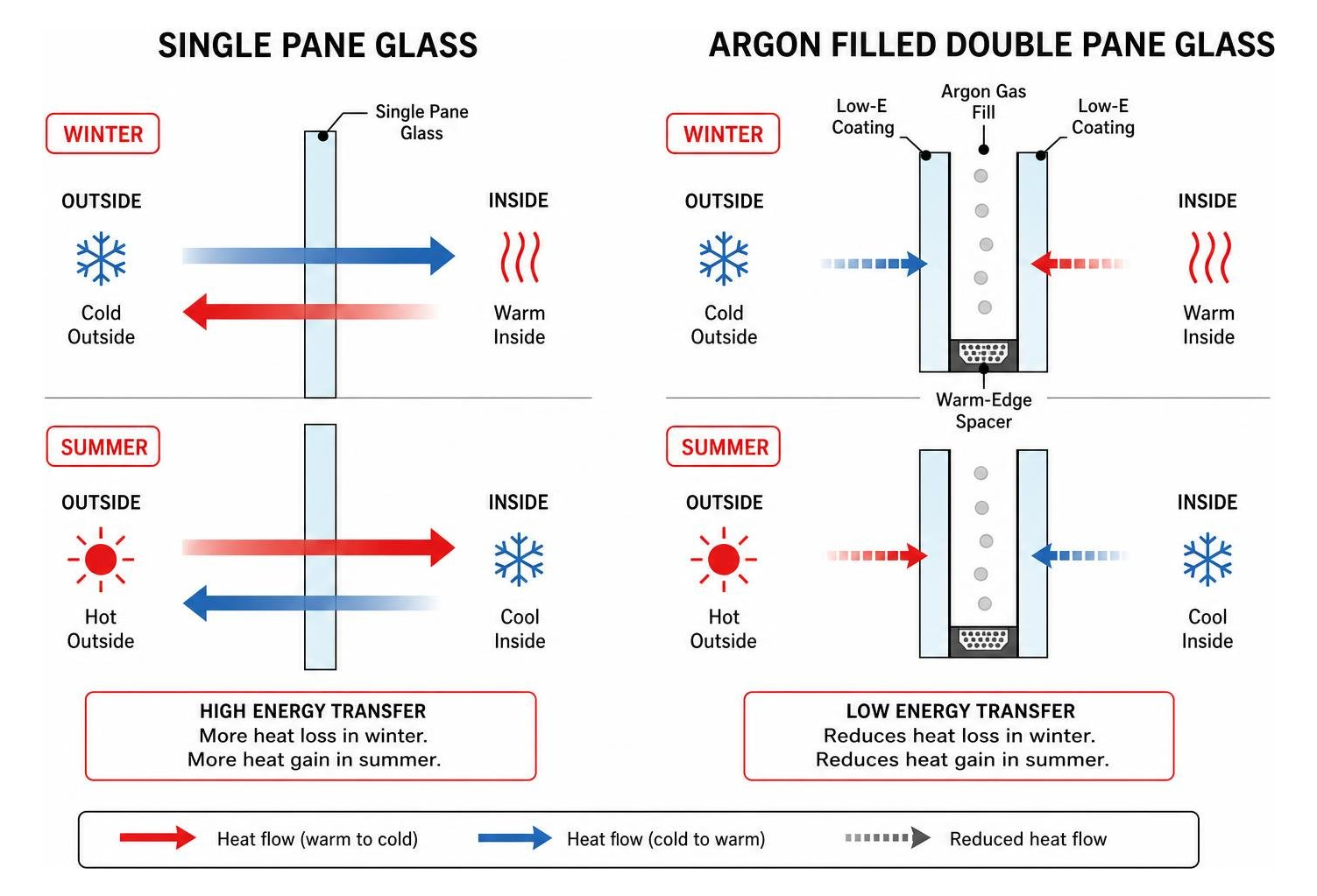 Energy transfer comparison between single pane glass and argon filled double pane glass Energy transfer comparison between single pane glass and argon filled double pane glass