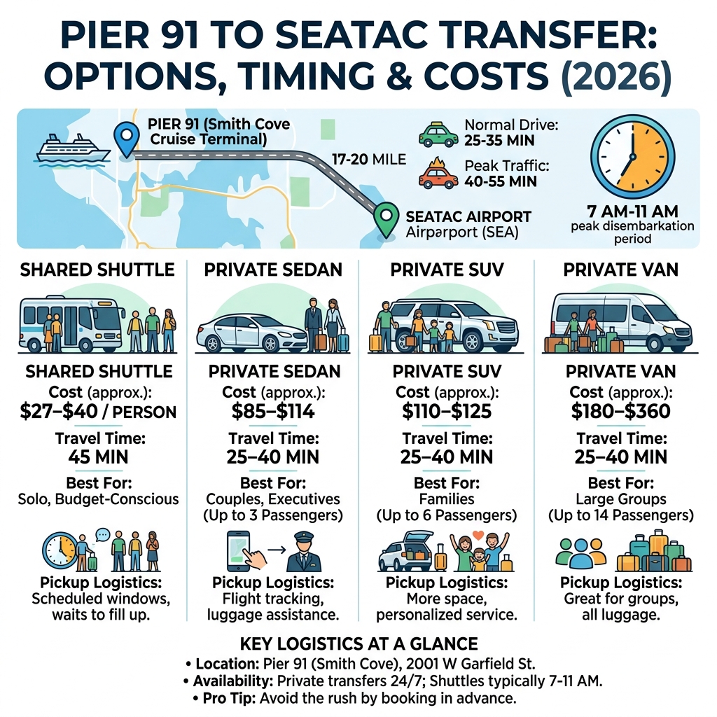 Pier 91 to SeaTac transfer options, timing, costs, and pickup logistics infographic - pier 91 airport transfer infographic 