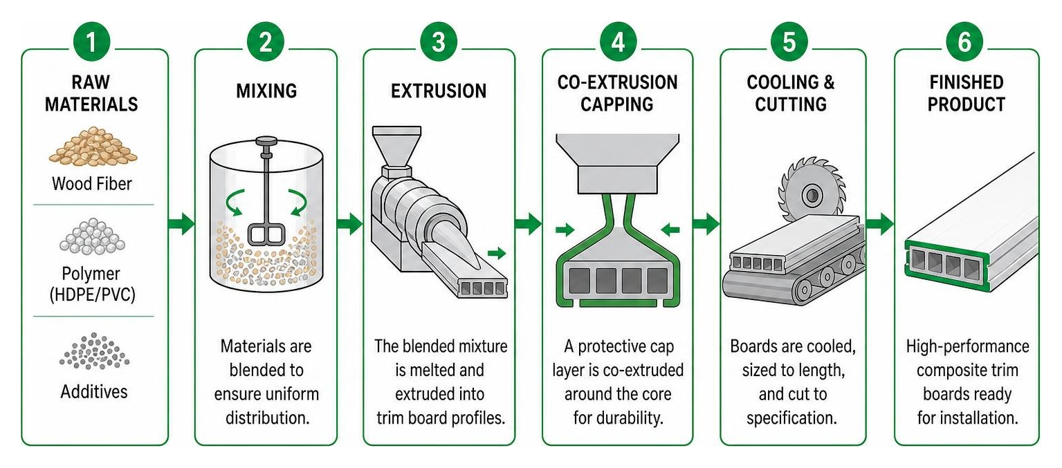 Diagram showing the manufacturing process of composite trim boards from raw materials to finished product