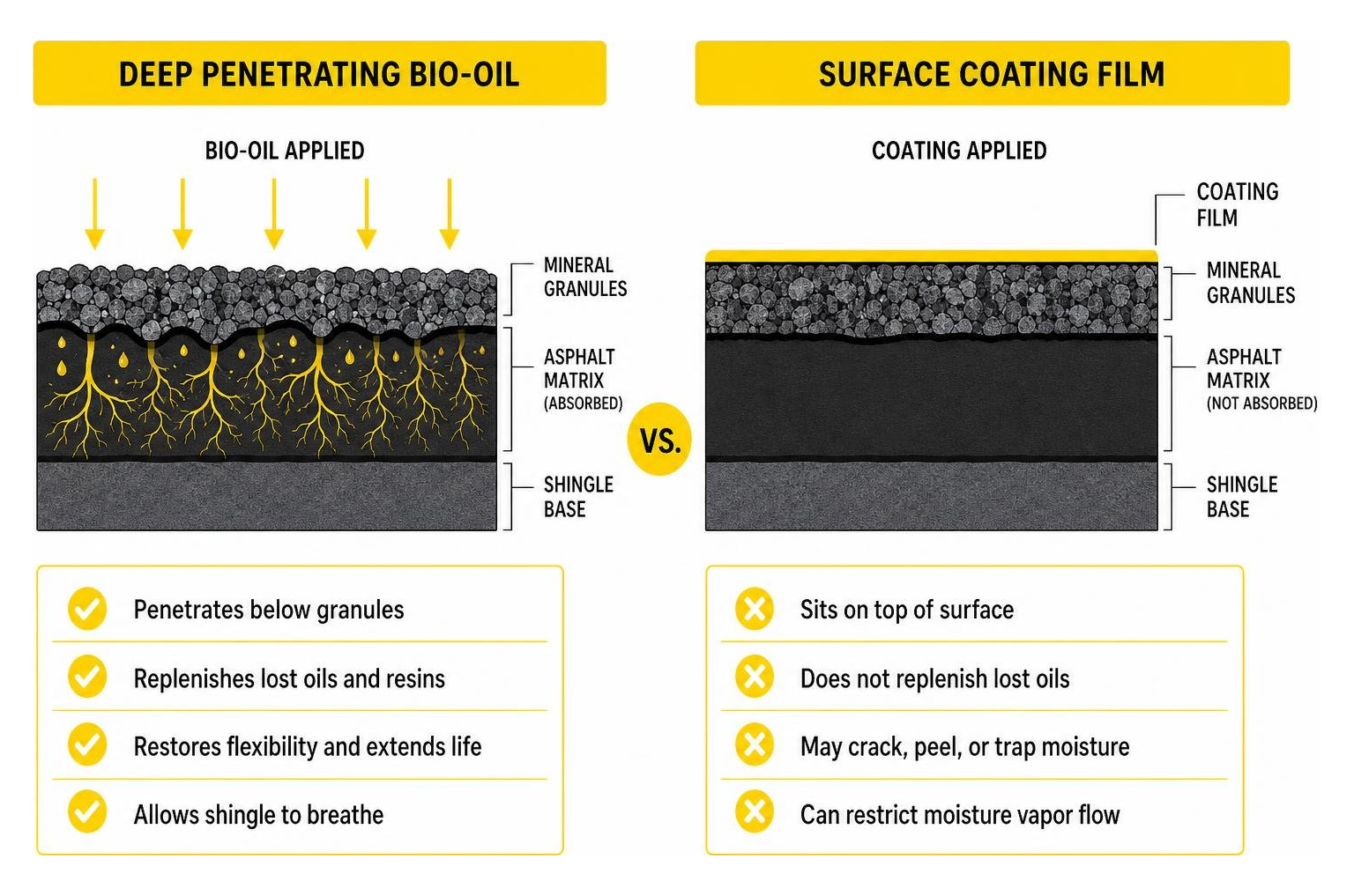 Diagram showing deep penetrating bio-oil versus surface coating film