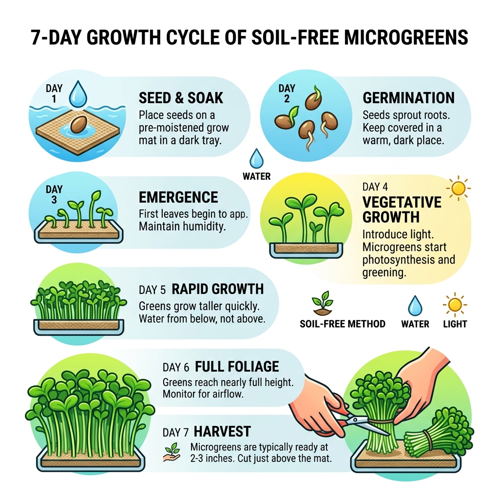 7-day growth cycle of soil-free microgreens from seed to harvest infographic - growing microgreens no soil infographic 
