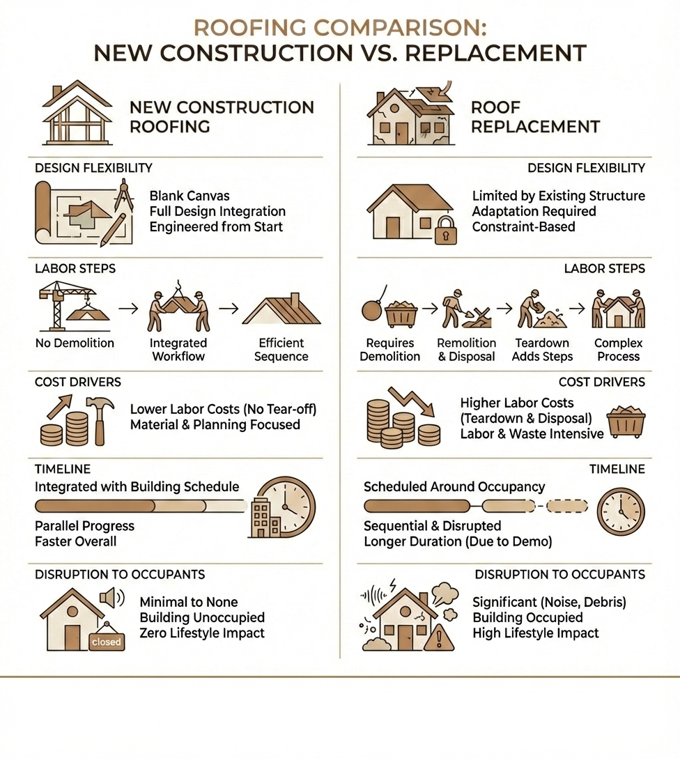Infographic comparing new construction roofing vs roof replacement: design flexibility, labor steps, cost drivers, timeline, and disruption to occupants - new construction roofing infographic Infographic comparing new construction roofing vs roof replacement: design flexibility, labor steps, cost drivers, timeline, and disruption to occupants - new construction roofing infographic