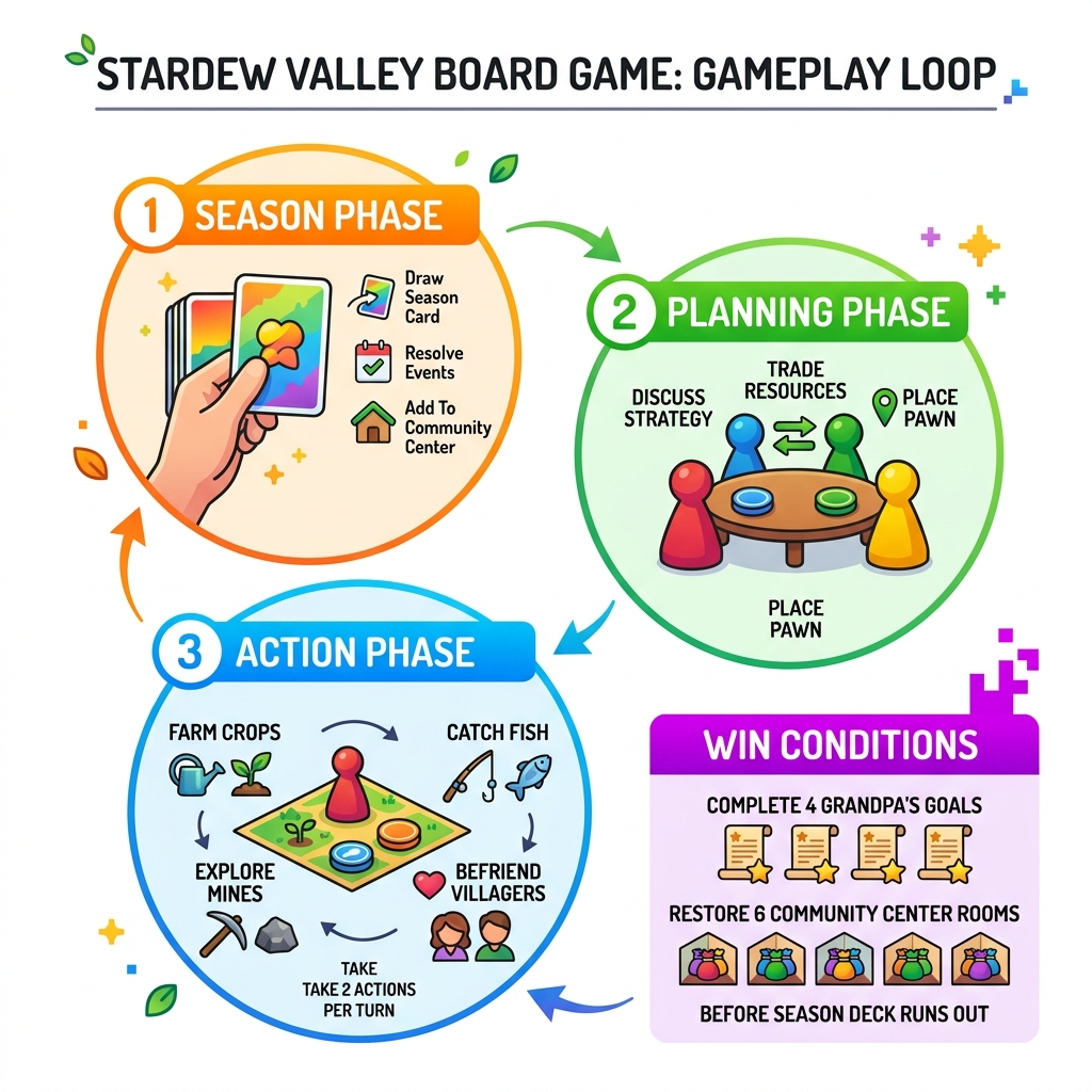 Stardew Valley board game loop infographic showing Season Phase, Planning Phase, Action Phase, and win conditions - stardew