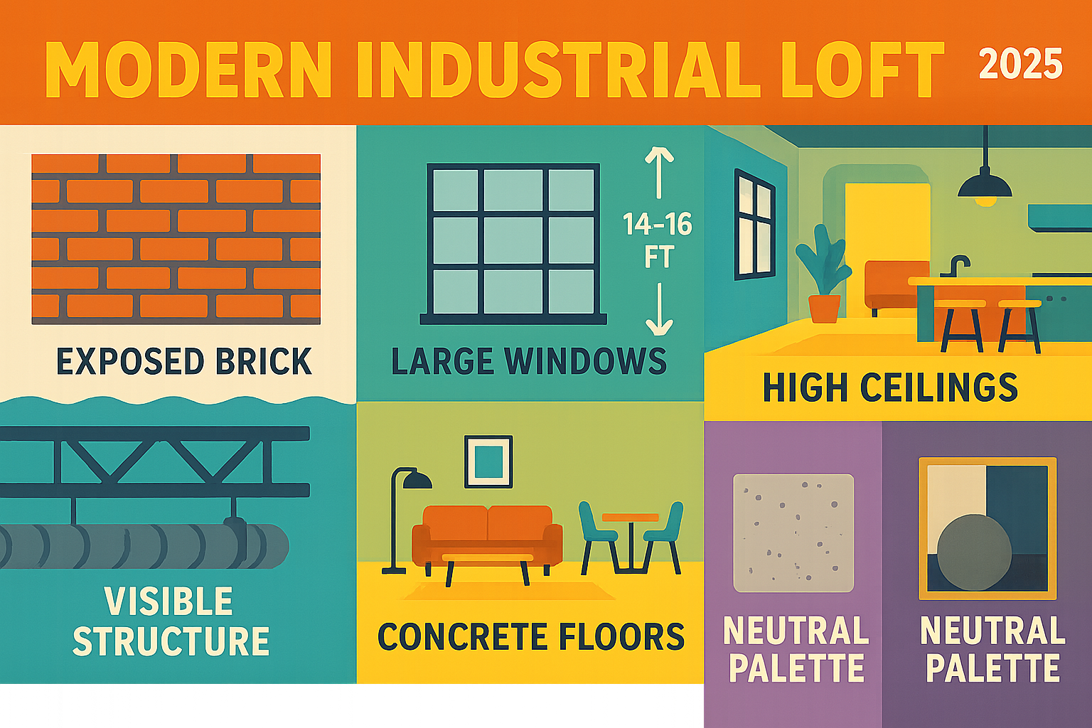 Infographic showing the essential design elements of modern industrial lofts including exposed brick walls with rough texture, high ceilings measuring 14-16 feet, large factory-style windows with metal frames, open floor plans with defined zones using furniture placement, visible structural elements like steel beams and ductwork, polished concrete floors, and a neutral color palette with metal accents - modern industrial lofts infographic Infographic showing the essential design elements of modern industrial lofts including exposed brick walls with rough texture, high ceilings measuring 14-16 feet, large factory-style windows with metal frames, open floor plans with defined zones using furniture placement, visible structural elements like steel beams and ductwork, polished concrete floors, and a neutral color palette with metal accents - modern industrial lofts infographic