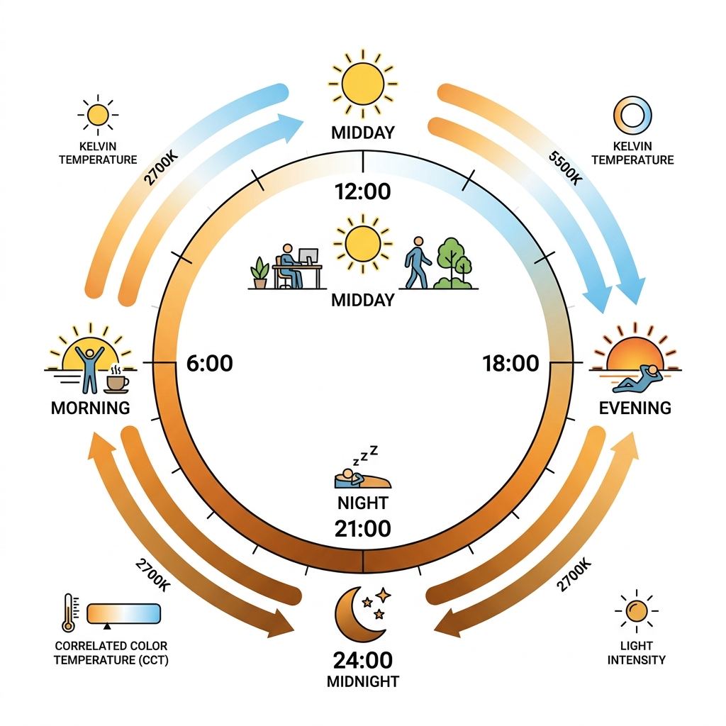 24-hour human circadian light cycle showing Kelvin and brightness by time of day - circadian rhythm smart lighting 24-hour human circadian light cycle showing Kelvin and brightness by time of day - circadian rhythm smart lighting