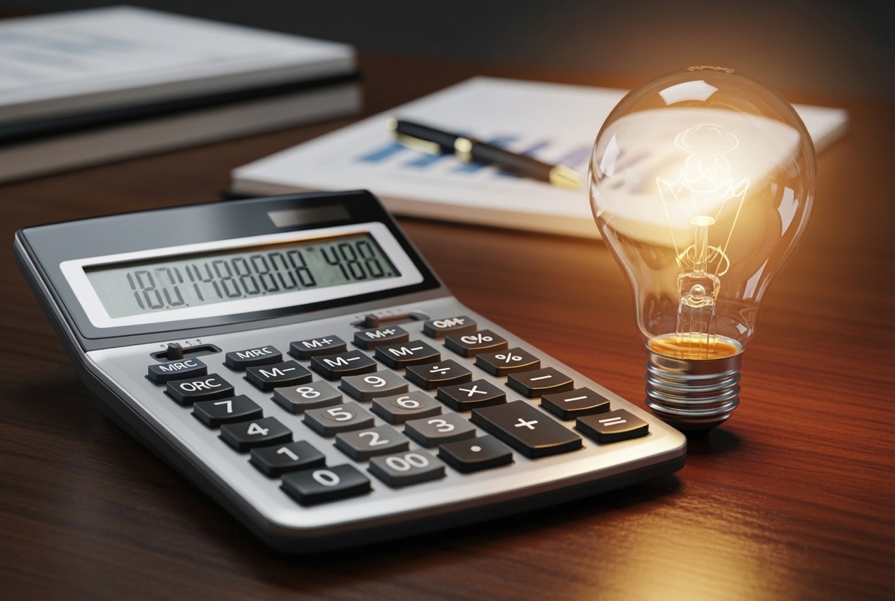 calculator and lightbulb representing cost factors - electrical inspection cost near me