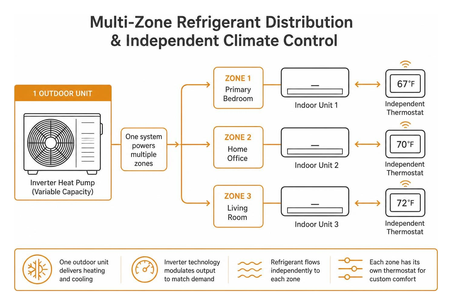 Multi-zone refrigerant distribution and independent climate control Multi-zone refrigerant distribution and independent climate control