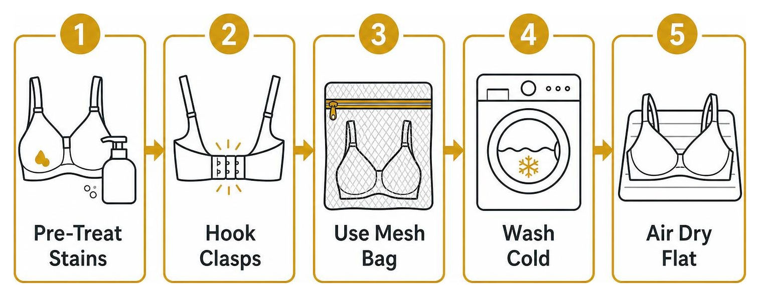 Steps for nursing bra care: pre-treat stains, hook clasps, use mesh bag, wash cold, air dry flat