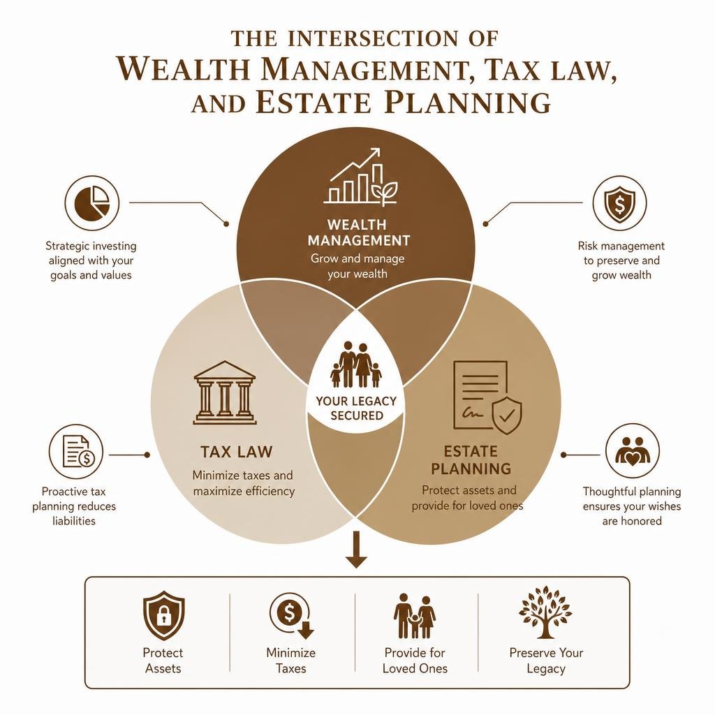 explaining the intersection of wealth management, tax law, and estate planning infographic
