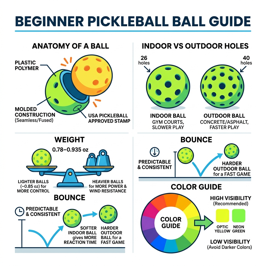 Beginner pickleball ball guide: anatomy, indoor vs outdoor holes, weight, bounce, and color guide - beginner pickleball