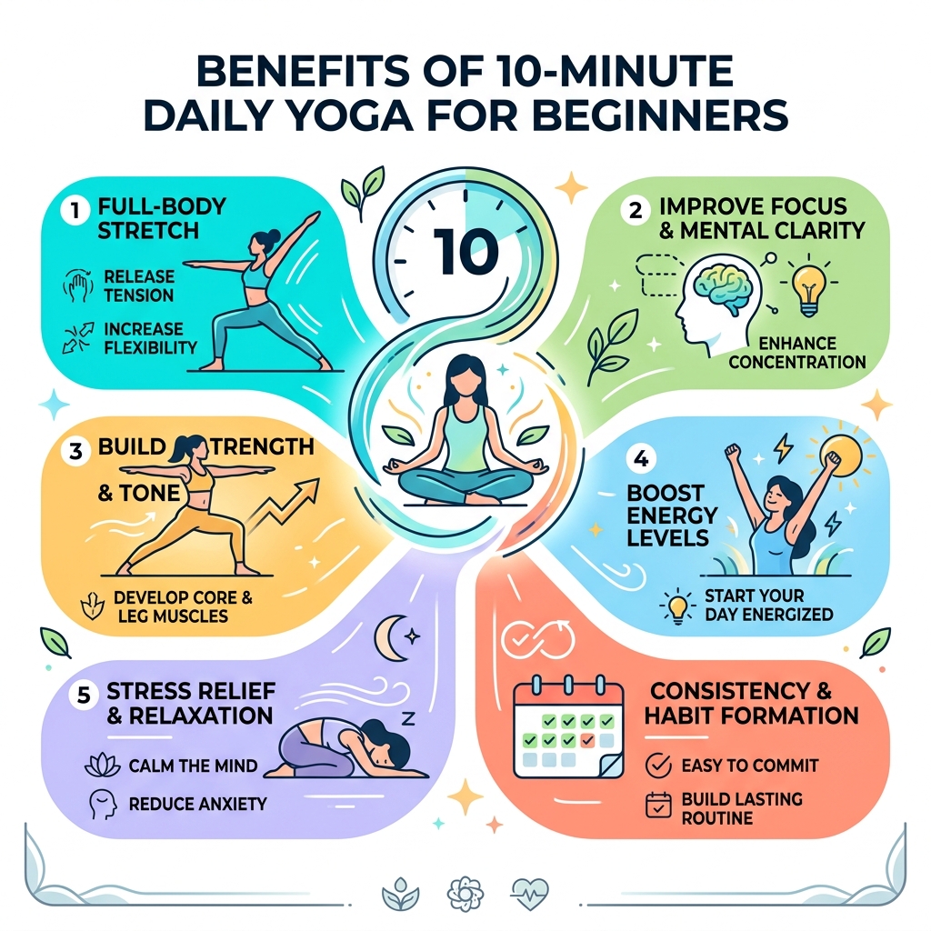 Benefits of 10-minute daily yoga practice for beginners infographic - 10 minute beginner yoga workout infographic 