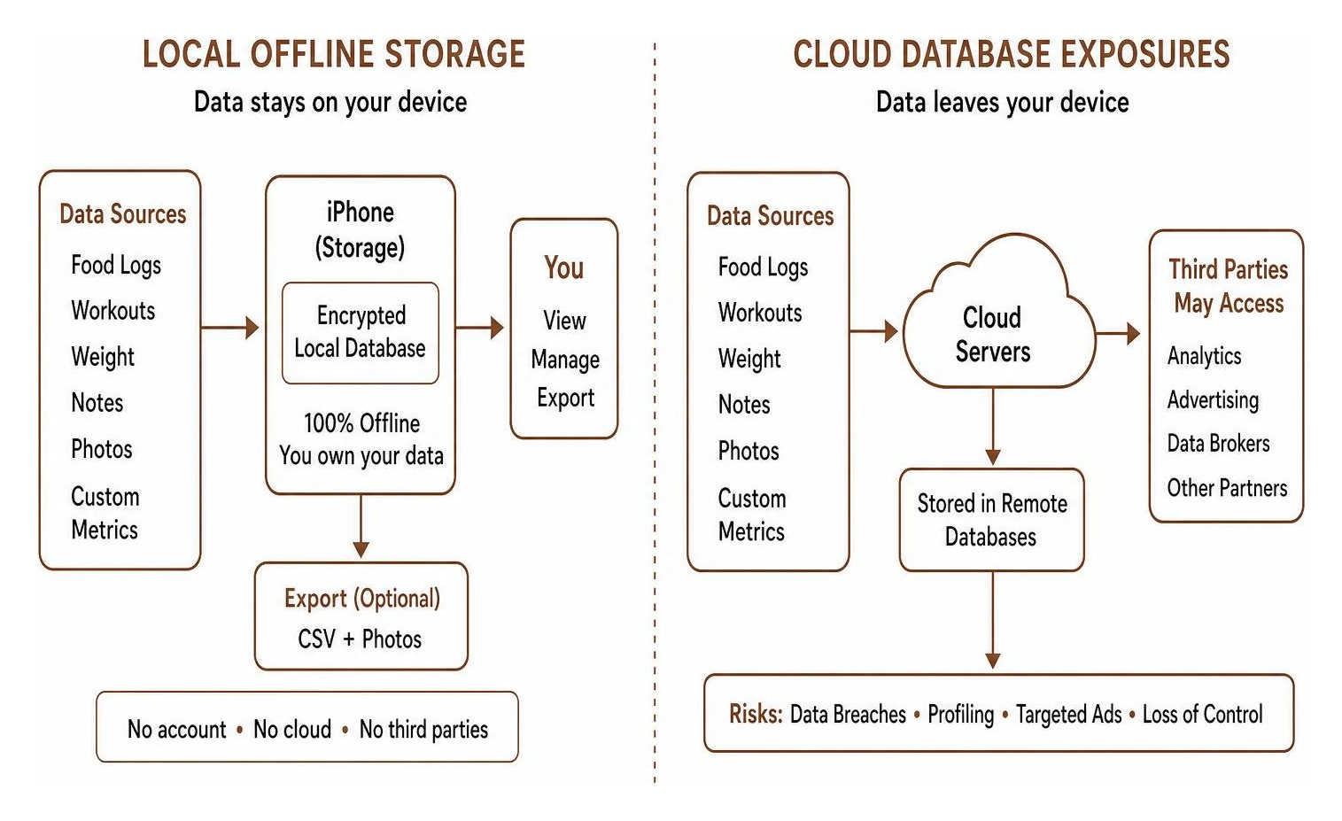 Data privacy architecture showing local offline storage versus cloud database exposures Data privacy architecture showing local offline storage versus cloud database exposures