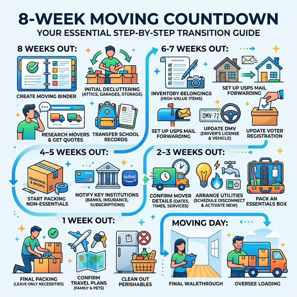 infographic explaining the 8-week moving countdown - moving and home transition infographic 