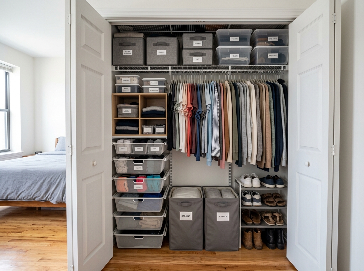 shallow apartment closet with vertical shelving and efficient use of space - closet organization for apartments shallow apartment closet with vertical shelving and efficient use of space - closet organization for apartments