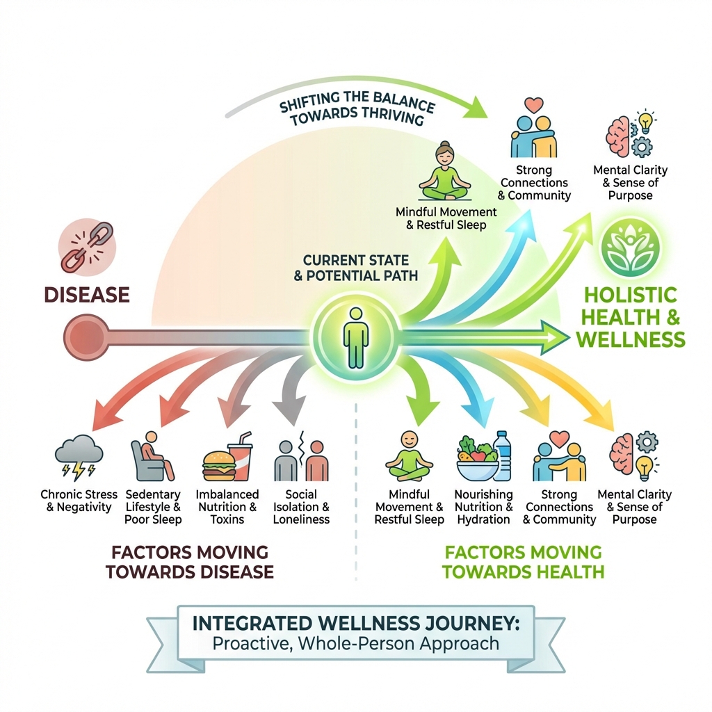 Infographic explaining the health-disease continuum, showing factors influencing movement towards health or disease - holistic health and wellness infographic
