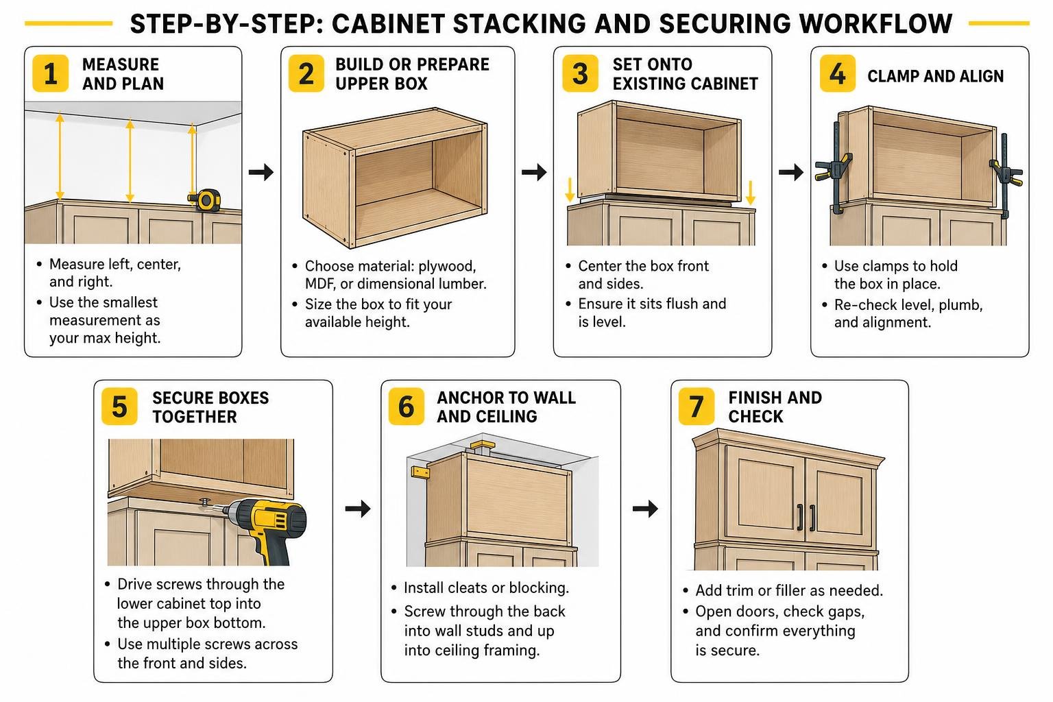Step-by-step cabinet stacking and securing workflow Step-by-step cabinet stacking and securing workflow