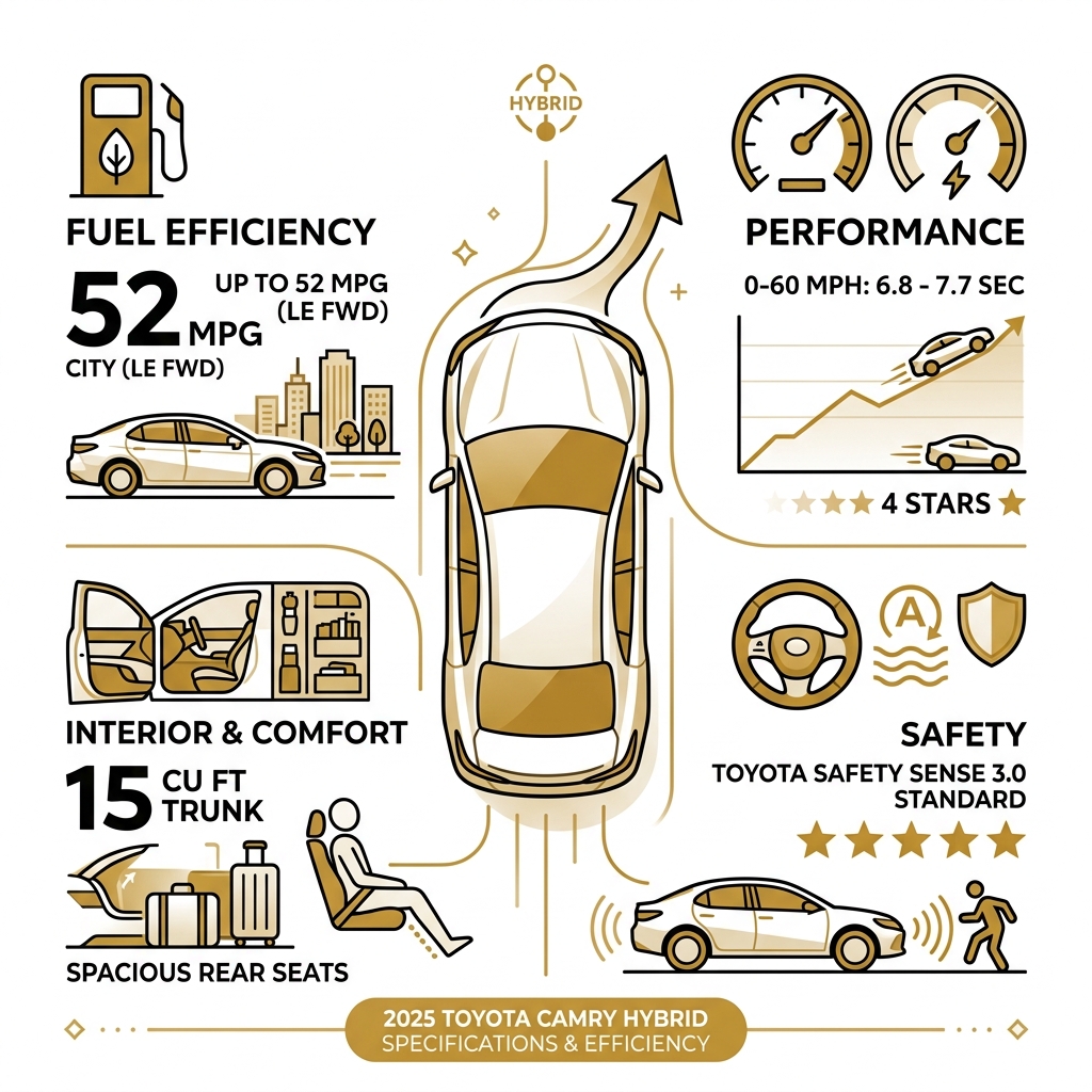2025 Toyota Camry Hybrid key specs and efficiency infographic - toyota camry hybrid review infographic 