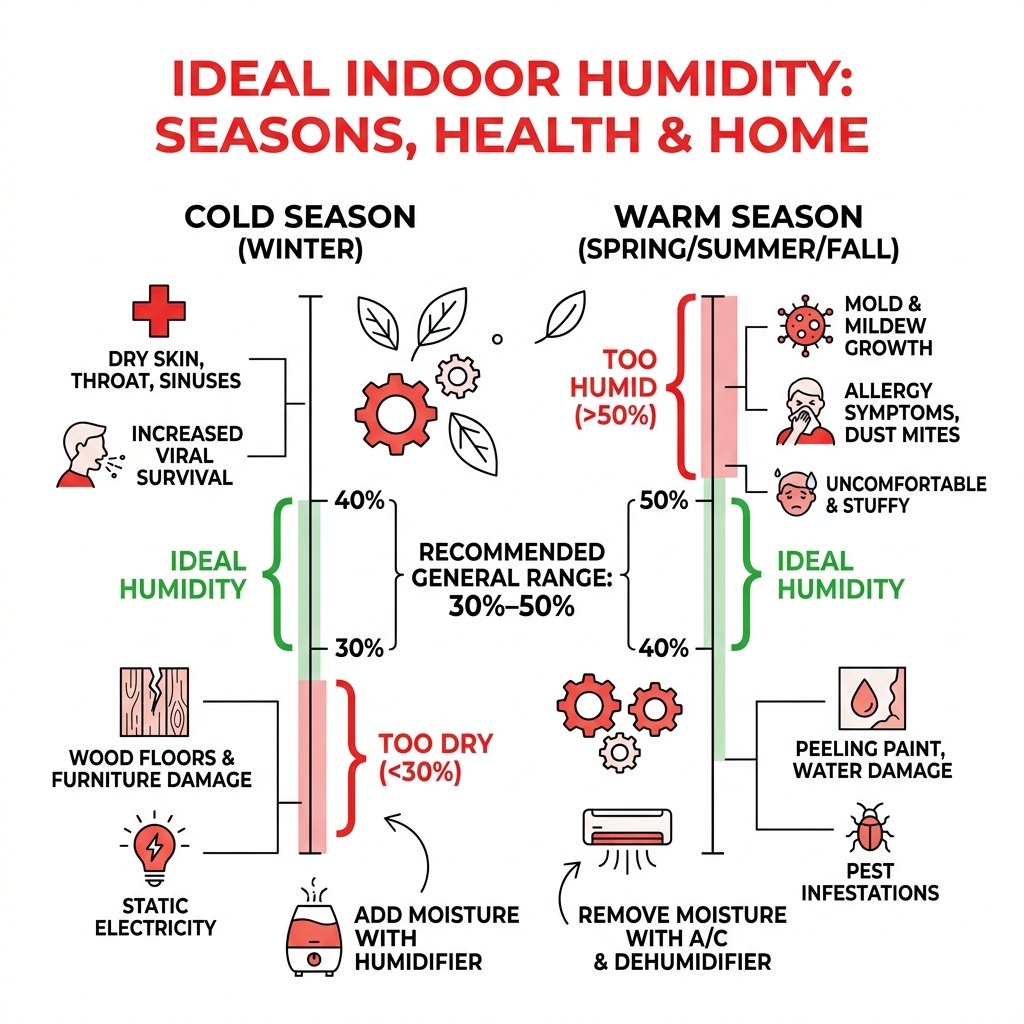 Infographic showing ideal indoor humidity levels by season and their effects on health and home - humidifiers for hvac