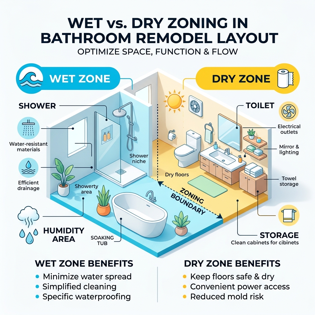 Wet vs. Dry zoning concept in a bathroom remodel layout infographic - bathroom remodel layout infographic Wet vs. Dry zoning concept in a bathroom remodel layout infographic - bathroom remodel layout infographic